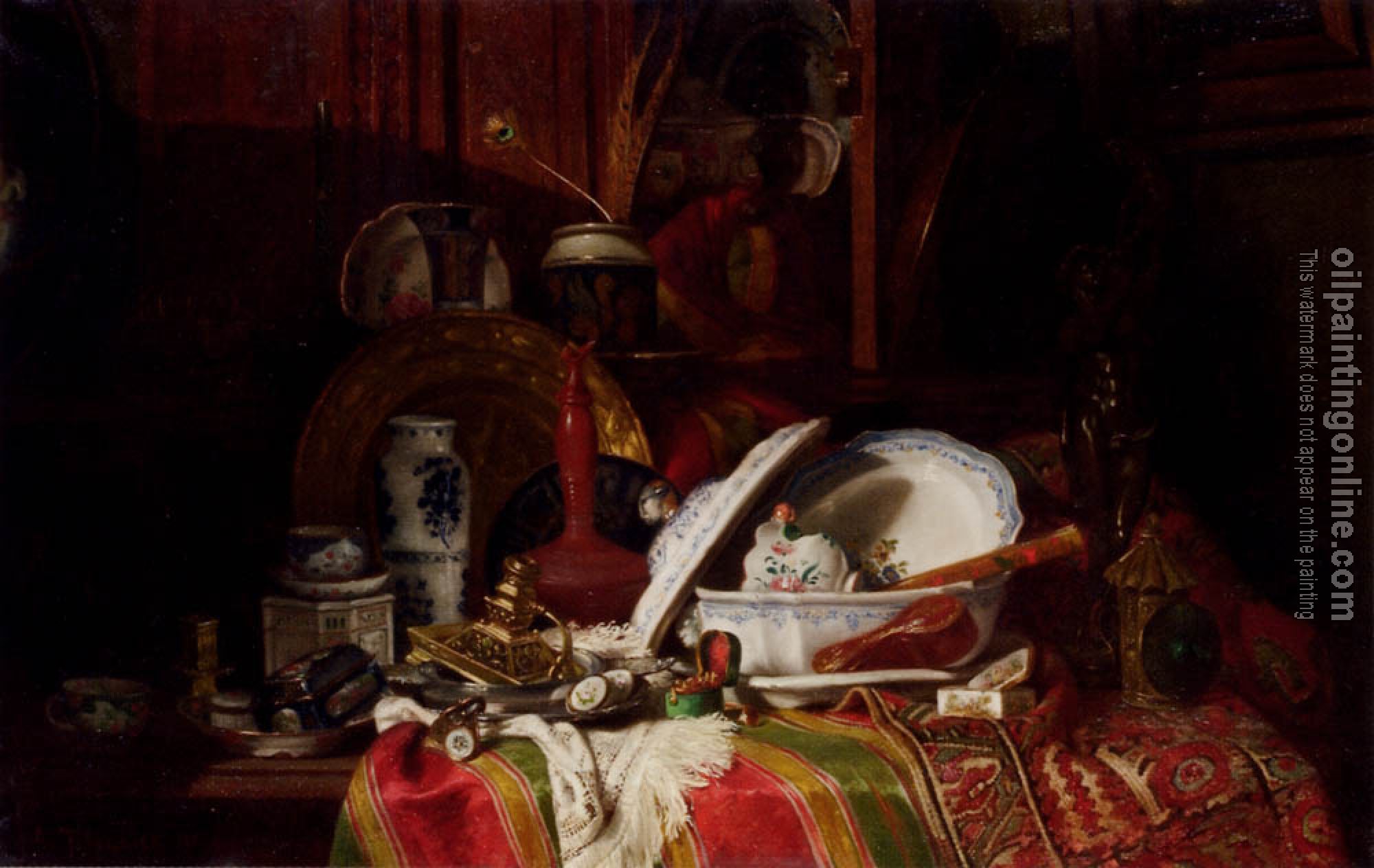 Gustave Jean Jacquet - Trinquier Antoine Guillaume Still Life With Dishes A Vase A Candlestick And Other Objects